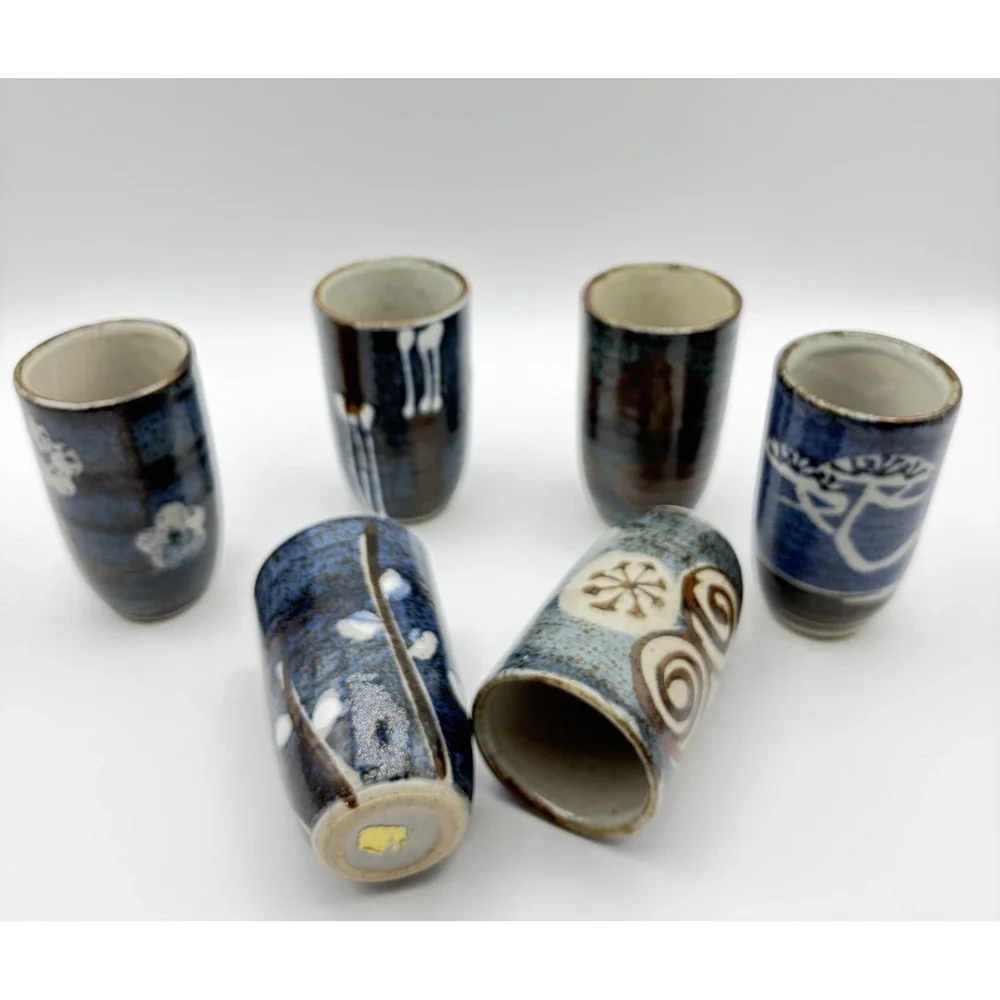 Studio Pottery Stoneware‎ Yunomi Tea Cups Set of 6 Blue Glaze Hand Painted Decor